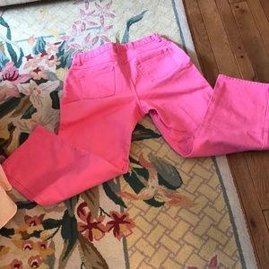 Jeanology high rise, hot pink, straight leg jeans.